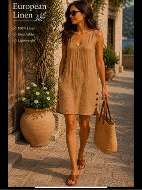 Tahari 100% Linen Shift Dress Coastal Minimalist Sleeveless Tunic Dress
